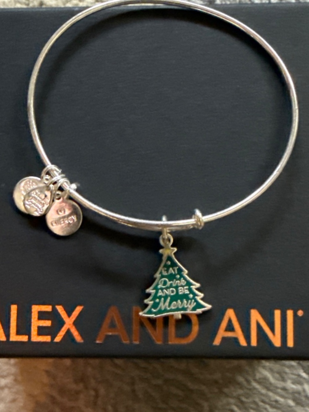 Alex and Ani EAT, DRINK, AND BE MERRY Shiny Silver Charm Bangle Bracelet